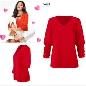NWT Cabi Vermillion Red Aurora Blouse M 3/4 Ruched Sleeve